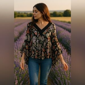CUPIO | Boho Black Floral Women's Top with Trumpet Bell Sleeves and Lace Details